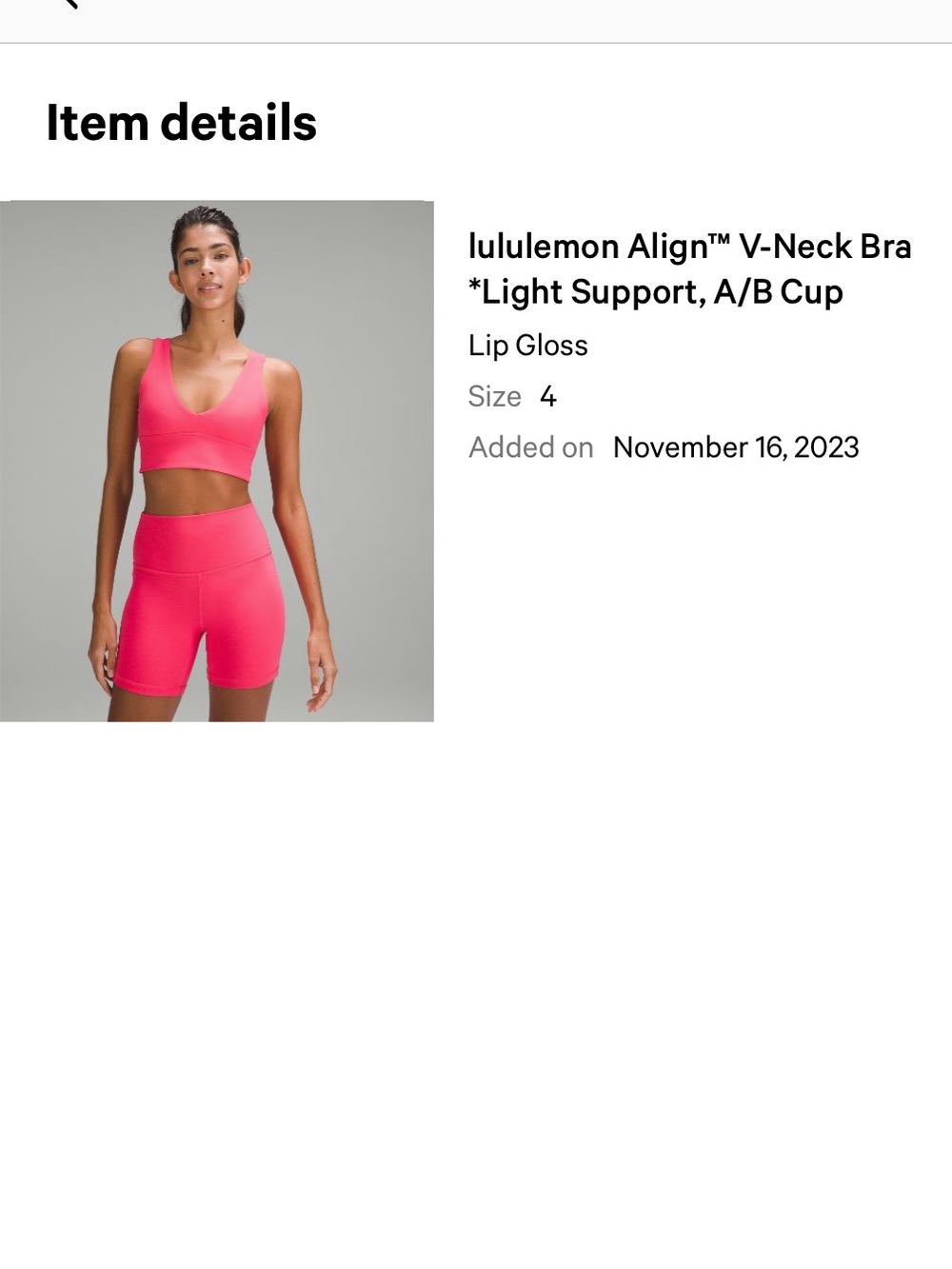 lululemon athletica matching set- bra and Bike Shorts in Lip Gloss Pink